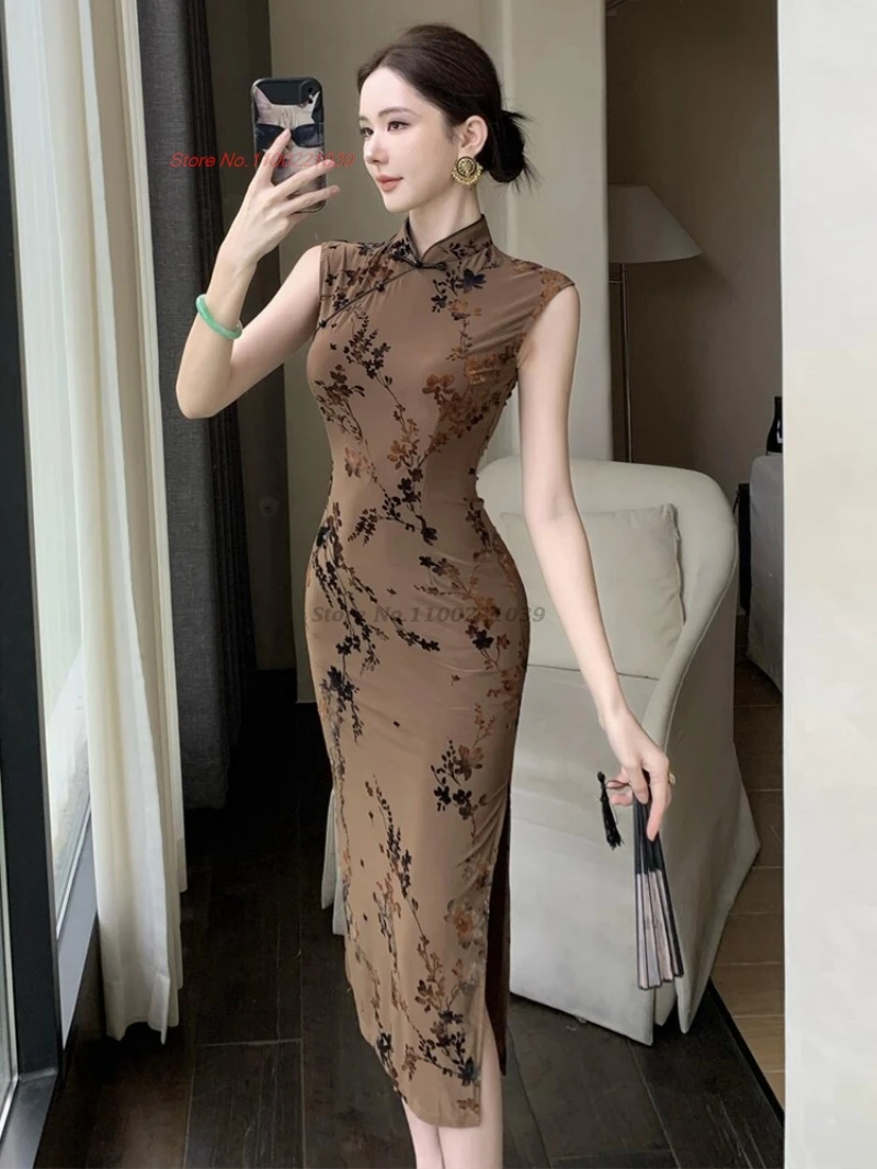 

Китайское сексуальное платье 2021, улучшенное Cheongsam с цветочным принтом, платье Ципао без рукавов, вечернее платье для ночного клуба, банкета, Ципао, платье