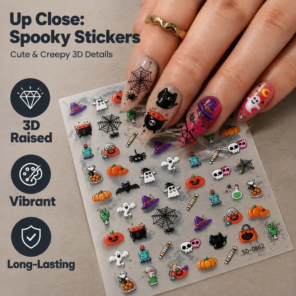 1Pc 1Sheet 5D Embossed Halloween Nail Stickers Magic Potion Cauldron Pumpkin Spider Self‑Adhesive Decals DIY Manicure Art Parts
