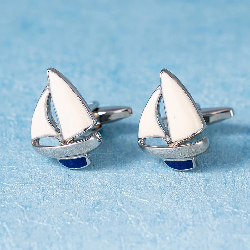 Fashion Sailing Boat Cufflinks Gold Metal Cuff Button White Blue Enamel Jewelry For Men Suit French Shirt Business Groom Gifts
