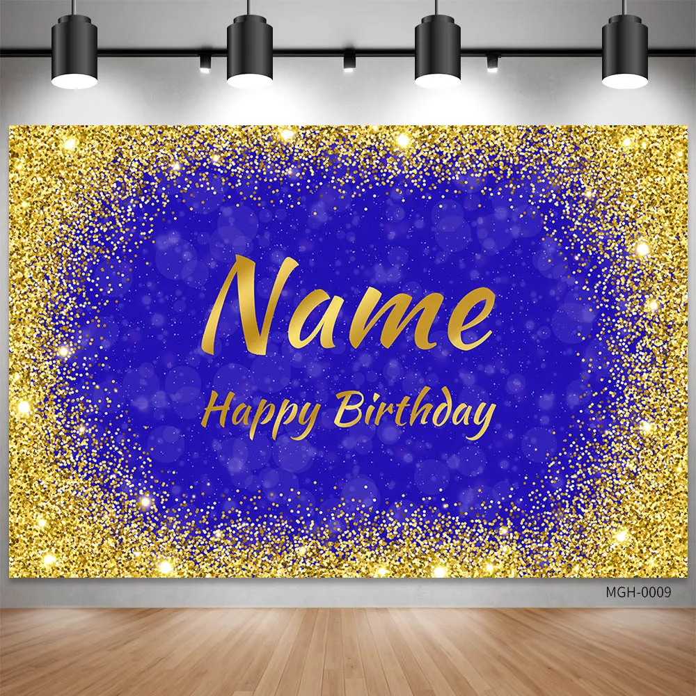 Custom Name Blue Birthday Wedding Background Sliver Glitter Photo Booth Background Happy Birthday Party Decoration Photocall