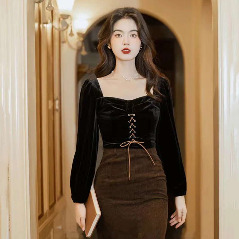 Velvet Lace-up Crop Shirts Women Autumn Korean Chic Square Collar Slim Blouses Black Elegant Office Ladies Long Sleeve Tops New
