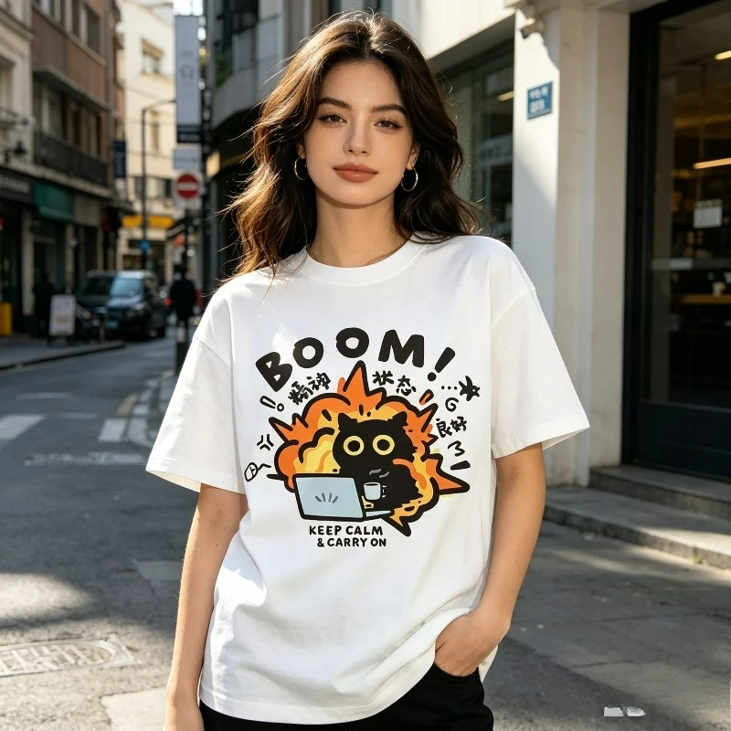 BOOM Cat Laptop Print Women T-Shirt, Keep Calm & Carry On Funny Cat Graphic Tee, Casual Short SleeveShirt for Streetwear