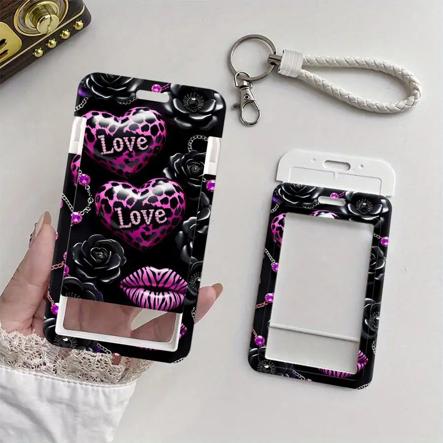 Rose Love Leopard Print Cover Case 1Pc Card Holder Retractable Credit Card Holders Holders Child Bus with lanyard Badge Bank ID