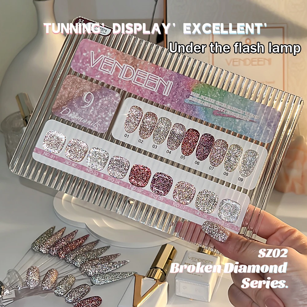 Vendeeni 9 Farben/Set Glitzer-Broken-Diamond-Gel-Nagellack TPO HEMA-FREI Glänzender Sternenhimmel UV-Soak-Off-Gel-Lack mit Display – Detail 6