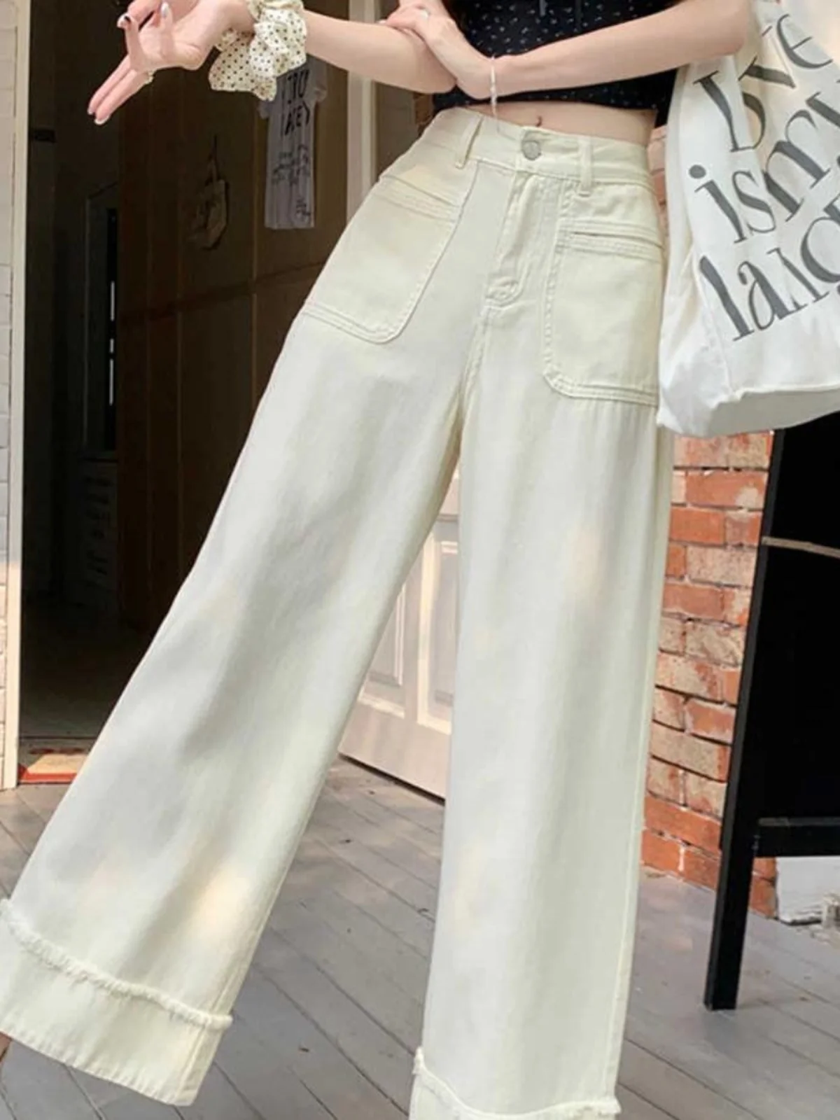 하이웨이스트 스트레이트 레그 진 여성 플러스 사이즈 스플라이싱 프레이드 헴 캐주얼 와이드 레그 롱 팬츠 봄 가을 솔리드 컬러