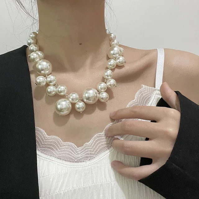 Trendy Big Pearl Beads Collarbone Necklace Chain Short Collares  Bride Jewelry