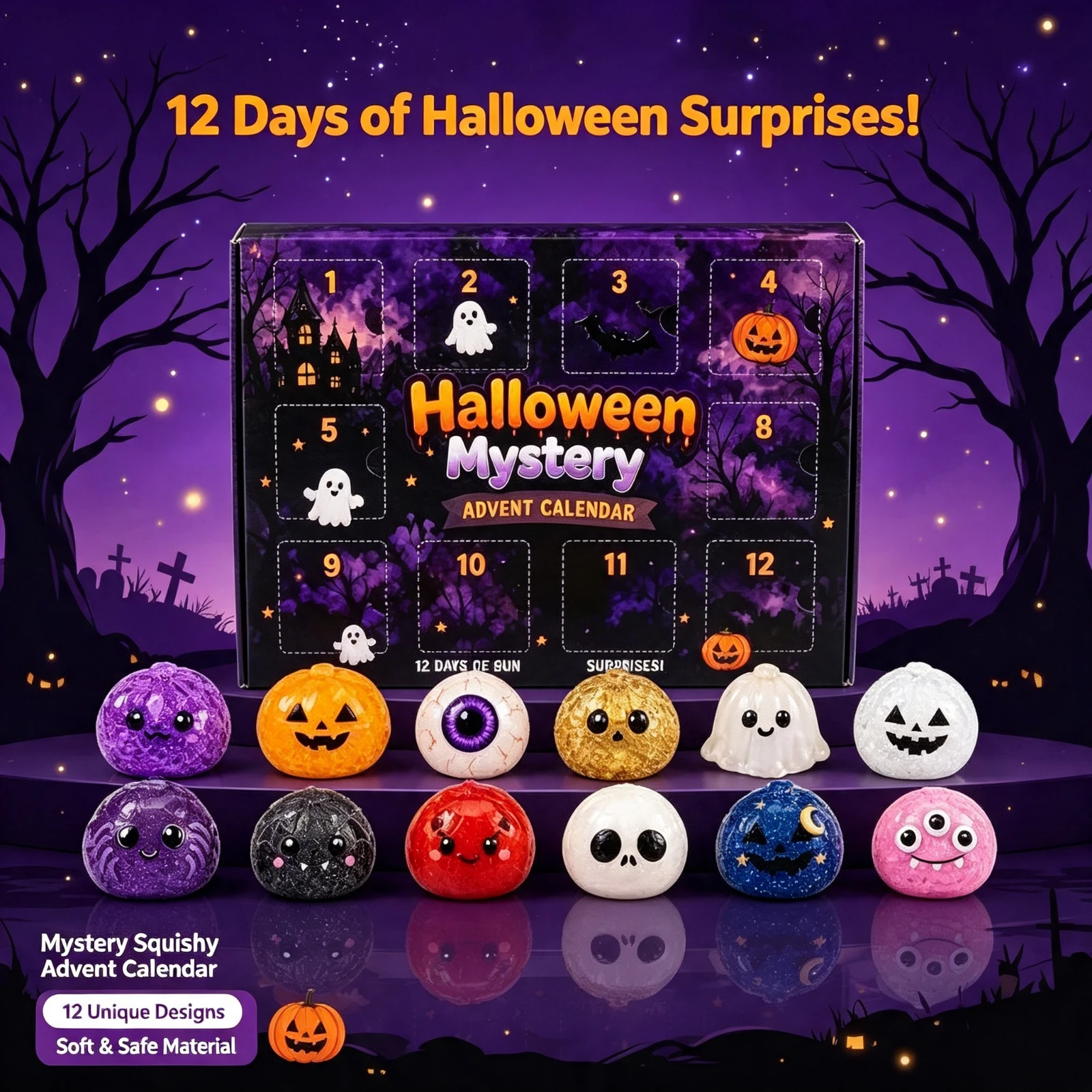 12 Days Halloween Advent Calendar, Squishy Toy Set Mysterys Box, Pumpkin Ghost Slime Stress Relief, Fidget Toys Gifts For Kids