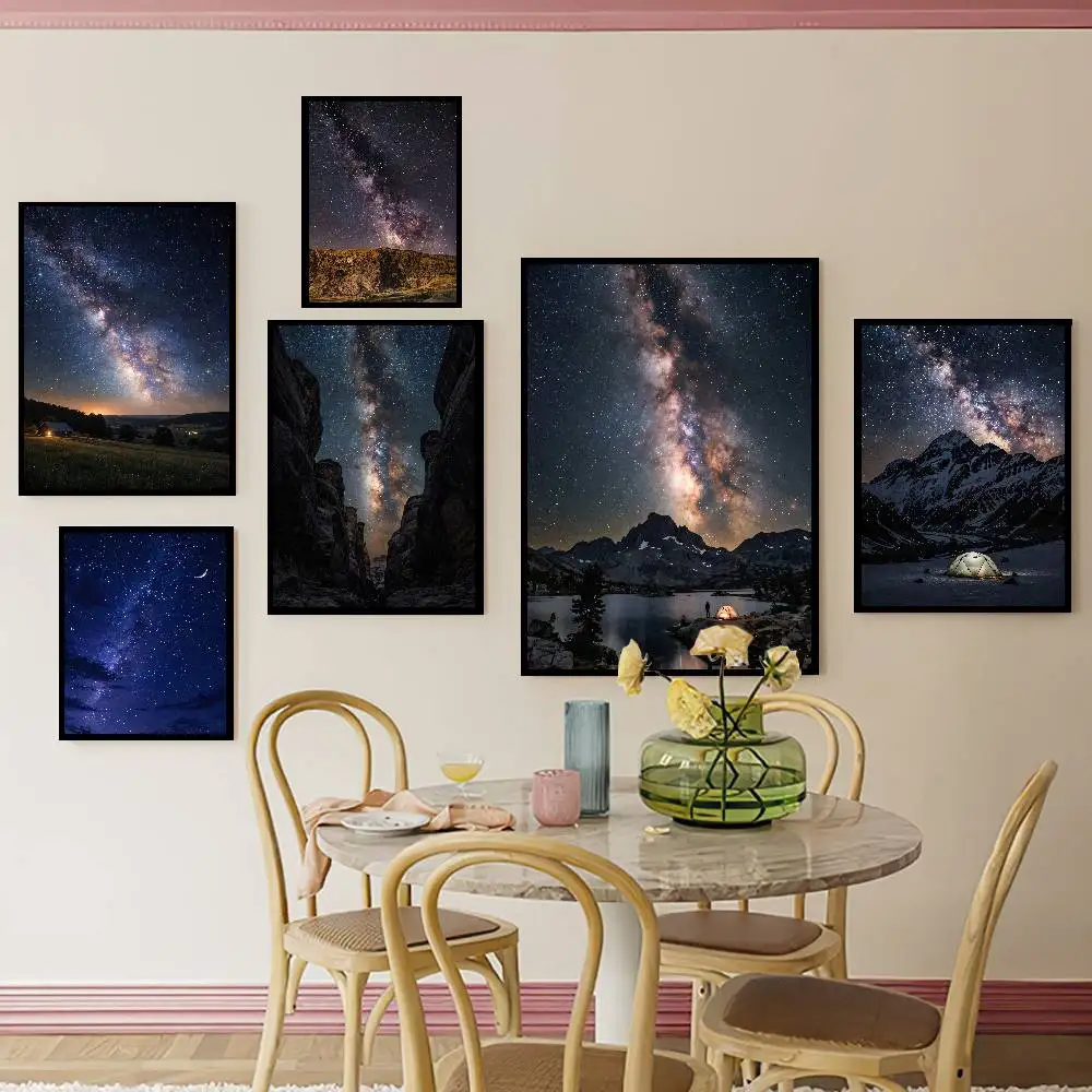 Milky Way Starry Night Sky Poster, Stunning Mountain Wilderness Night Landscape Cosmic Galaxy Scenery Wall Art Picture Decor