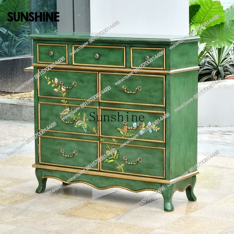 Painted Shoe Cabinet Solid Wood Living Room with Drawer Locker Retro Green Hallway Small Apartment Side Cabinet