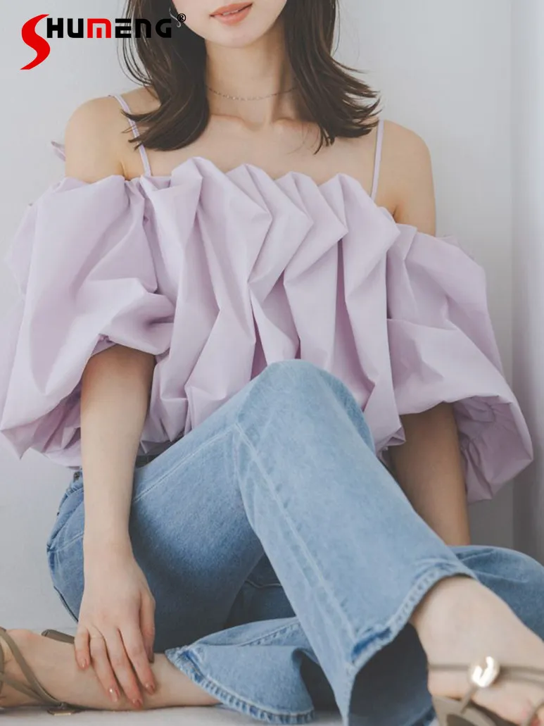 

Japanese Fashion Sweet Purple Off-the-shoulder Shirt Office Lady Casual Versatile Blouses 2026 Spring Summer New Women's Clothes