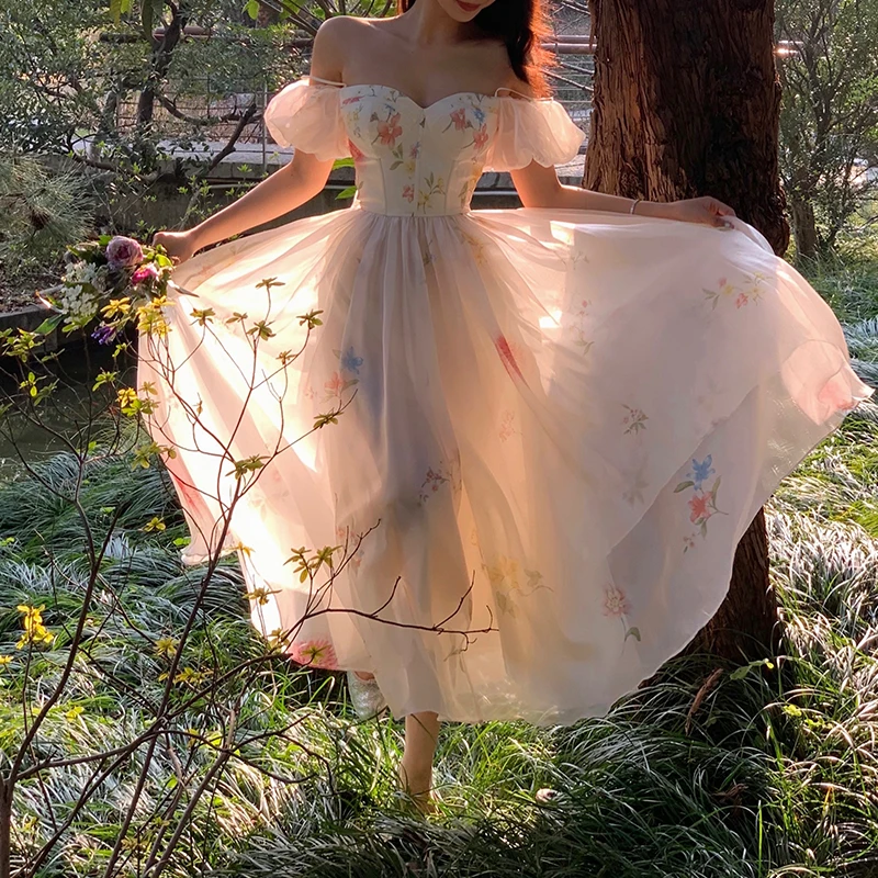 One Shoulder Bubble Sleeve Suspender Floral Dress Summer 2025 French Style Long Skirt Children Evening Dresses Elegantes Prom