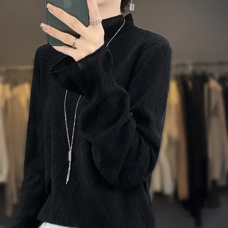 Cashmere sweater Women  2023 Autumn and Winter fashion Lace Half turtleneck Cashmere sweater Women