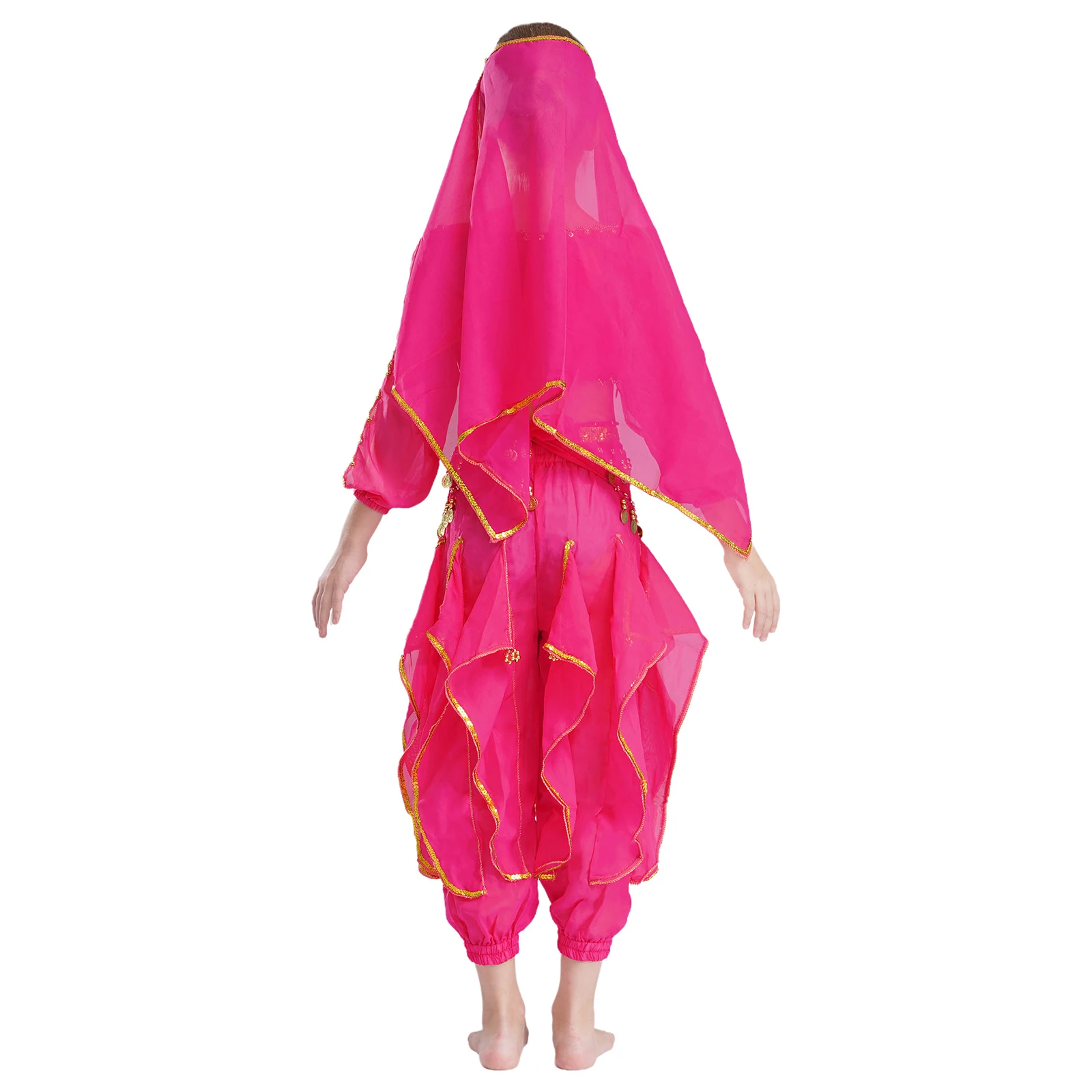 Roupa brilhante para dança do ventre, fantasia de halloween, carnaval, dramatização, manga comprida, top crop, calças, corrente de cintura e lenço de cabeça