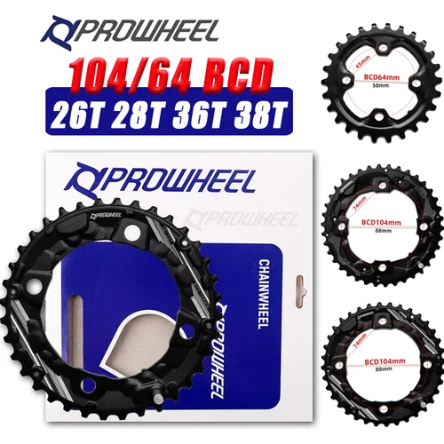 Prowheel 104BCD plato de bicicleta 64BCD anillo de cadena 26T 36T 28T 38T MTB plato de doble velocidad MTB rueda de cadena de bicicleta corona de bicicleta