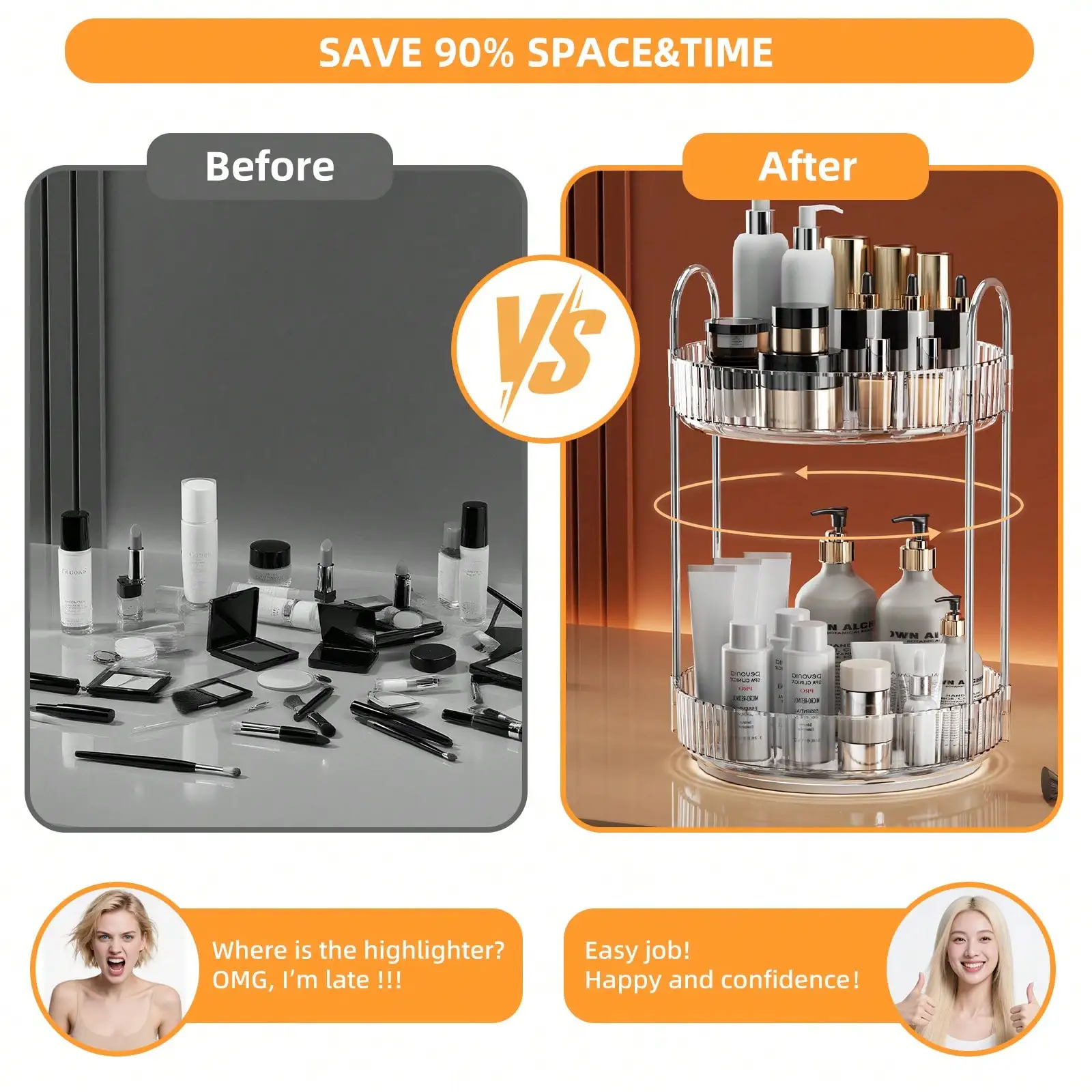 2-х уровневый 360 °   Вращающийся органайзер для макияжа (прозрачное золото) — Lazy Susan высокой емкости для туалетного столика/ванной комнаты