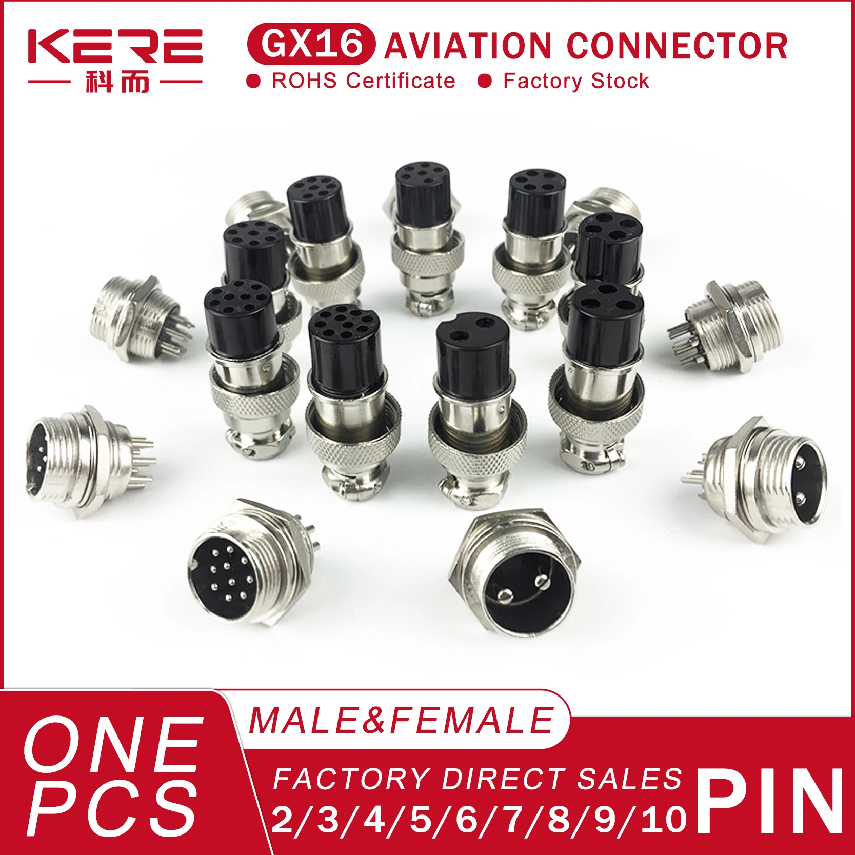 KERE Fixed Type GX16 2/3/4/5/6/7/8/9/10 Pins Male & Female 16mm Circular Aviation Socket Plug Wire Panel Connector