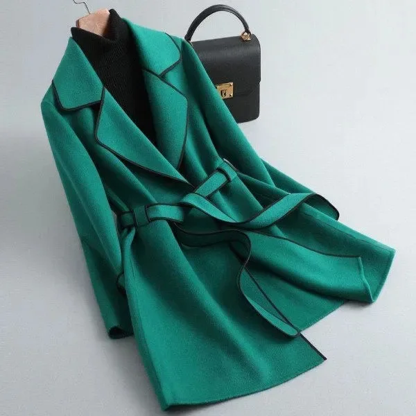 Autumn and winter new Korean version of thin imitation cashmere woolen coat foreign contrast color medium and long woolen coat