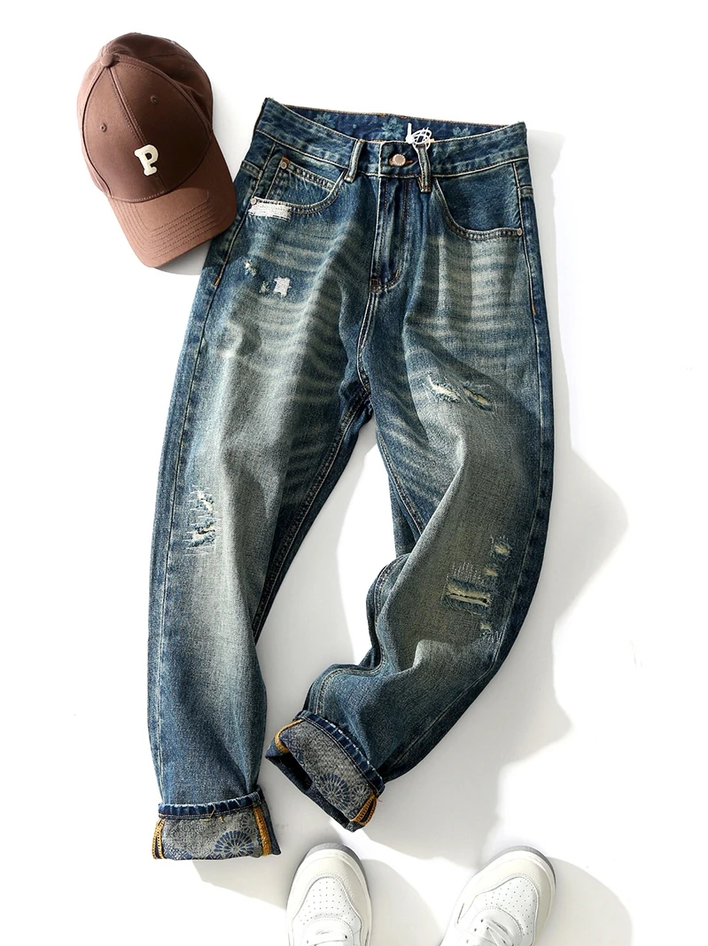 

Мужские свободные джинсы American Sle прямого кроя, осенне-зимние, с новым дизайном и дырками, модные, брендовые, Harlan, укороченные брюки до щиколотки