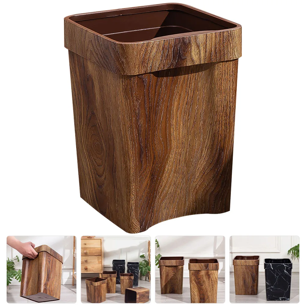 

Imitation Wood Grain Trash Can Decorative Waste Basket Kitchen Car Bin Plastic Office Garbage Cans
