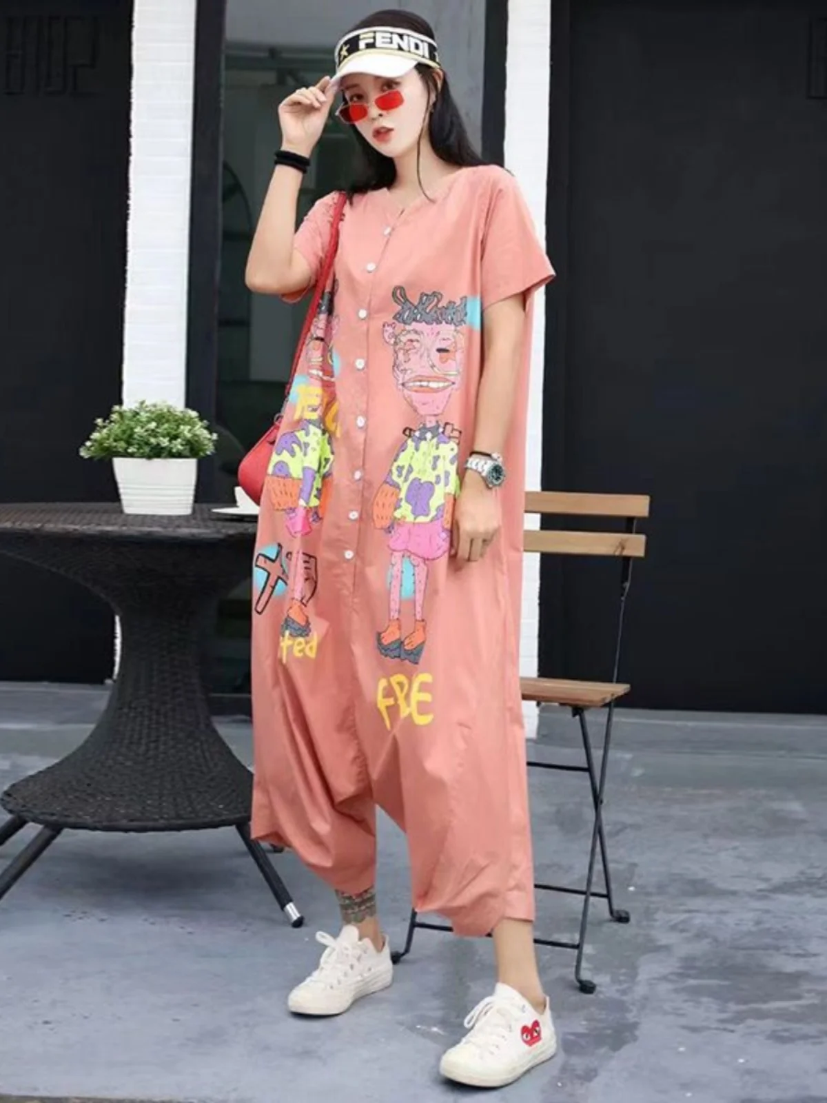 Fashion Brand Pants Cartoon Printed Harem Jumpsuit Women Round Neck Single-Breasted Short Sleeve One-Piece Shorts Saggy Pants