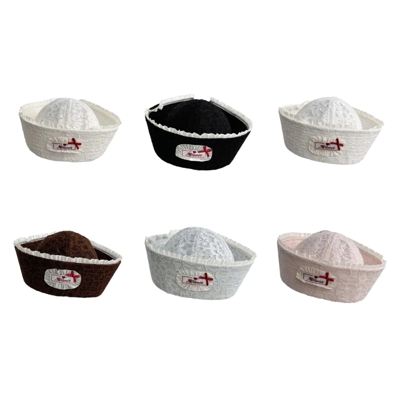 Round Lace Cap with Floral Surfaces, Front Bows Decor and Adjustable Rear Band for Women, Girl, Anime Event Styling, Y08E
