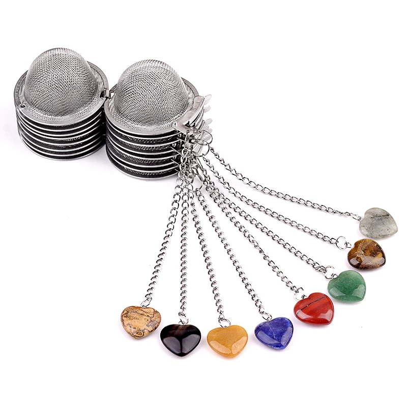 4PCS New Heart-shaped Natural Crystal Stone Stainless Steel Tea Infuser Mesh Filter Chain Tea Strainer Teapot Spice Seasoning