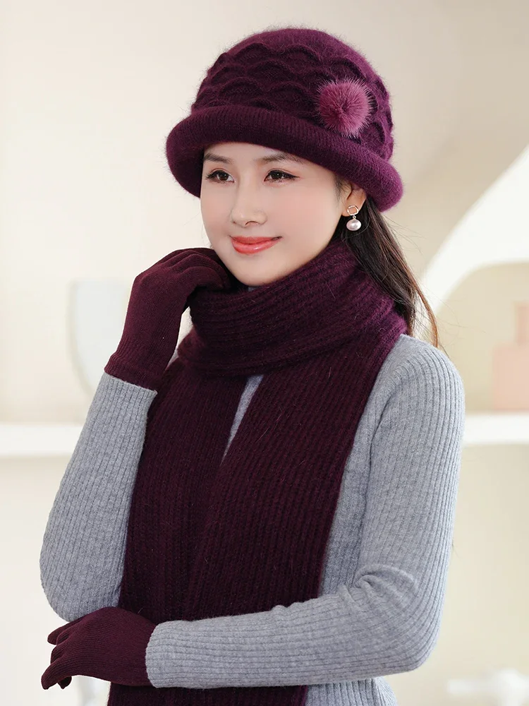 Middle-aged and Elderly Mother Hat Woman Autumn and Winter New Thick Warm Rabbit Hair Hat with Velvet Ear Protection Wool Hat