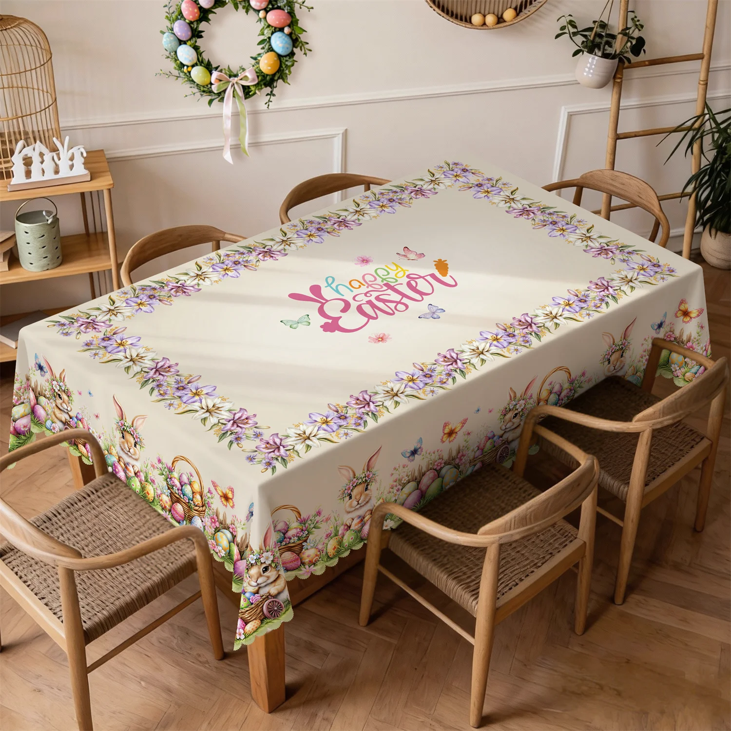 Easter Bunny Eggs Floral Tablecloth Home Party Decor Spring Watercolor Wildflower Butterfly Dining Table Cloth Easter Decoration