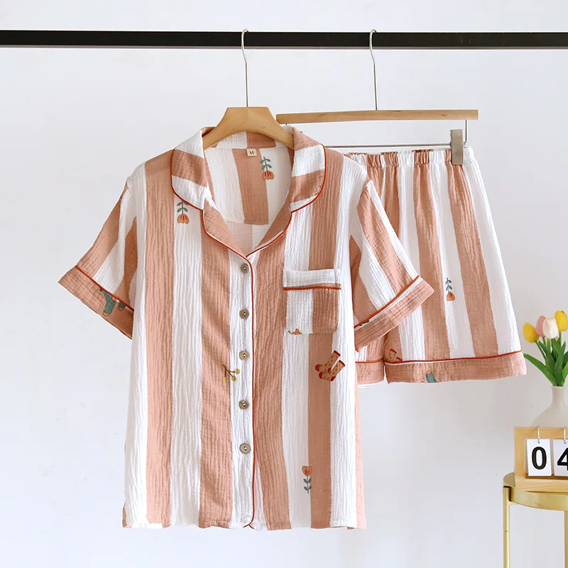 

2024 New Summer Women's Pajama Set Cotton Crepe Short Sleeve Shorts Two Piece Set Vertical Striped Simple Home Furnishing