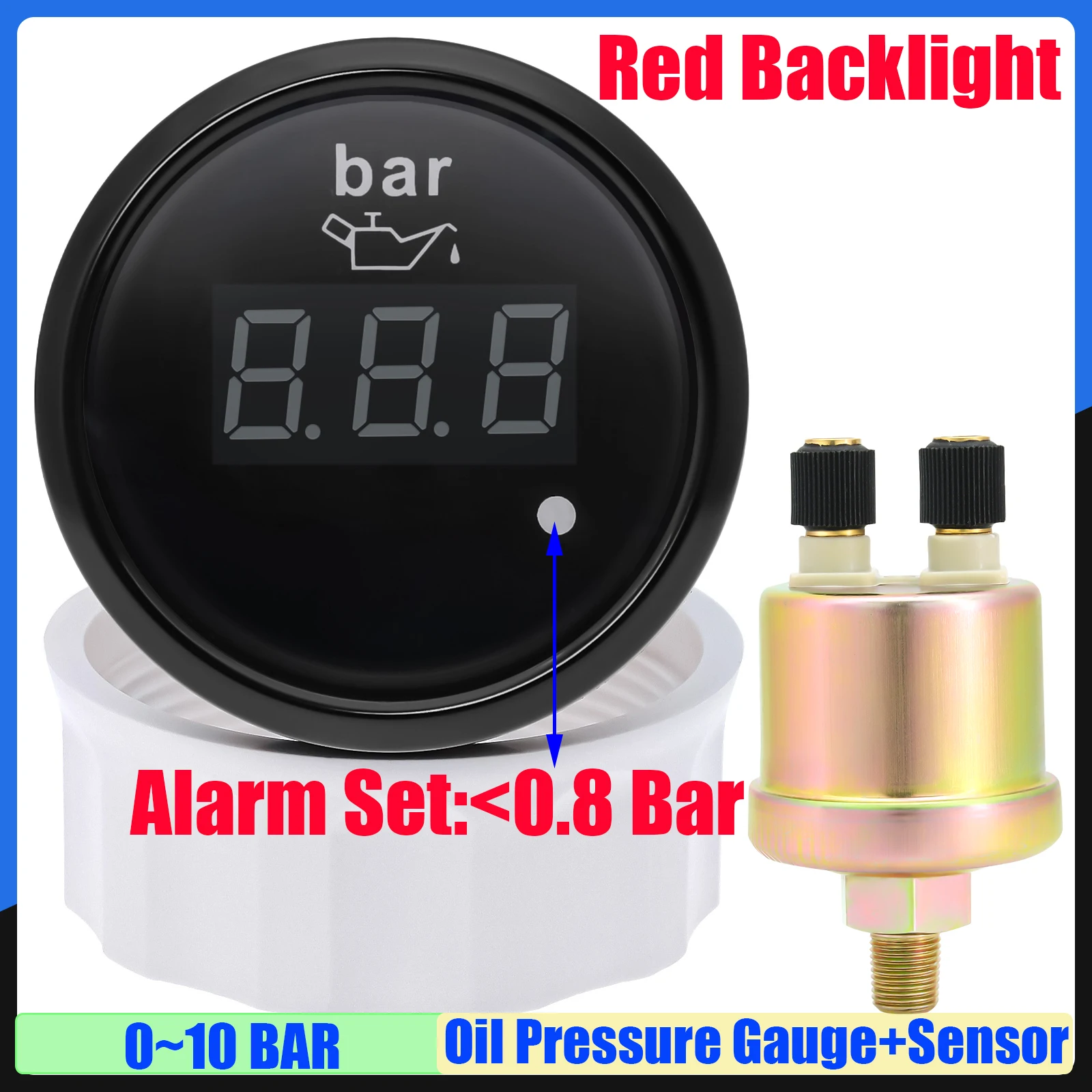0-10BAR Digital 52MM Oil Pressure Gauge with Press Sensor 1/8NPT Flashing Warning Red Light for Universal Car Marine Boat 9-32V