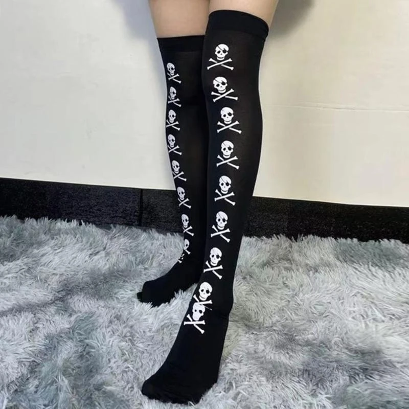 Y5GC Women Gothic Halloween Black Thigh High Stockings Harajuku Vintage Skull Skeleton Printed Over Knee Long Socks