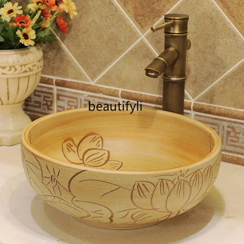

Chinese hand-carved table basin round small size 35cm American retro table small household