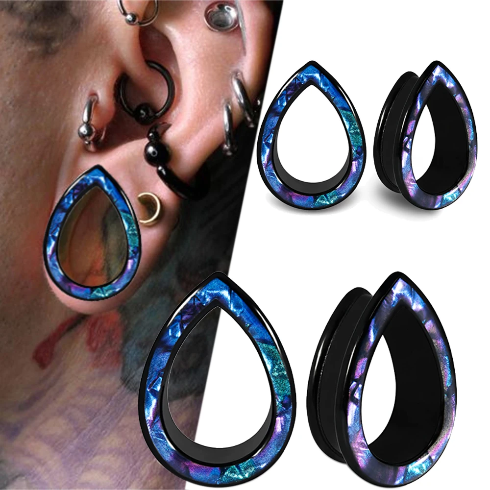 1-2PCS Purple Shell Gradient Waterdrop Flared Ear Tunnels Plug Copper Black Gauge Expanders Stretchers Saddle Unisex Gift