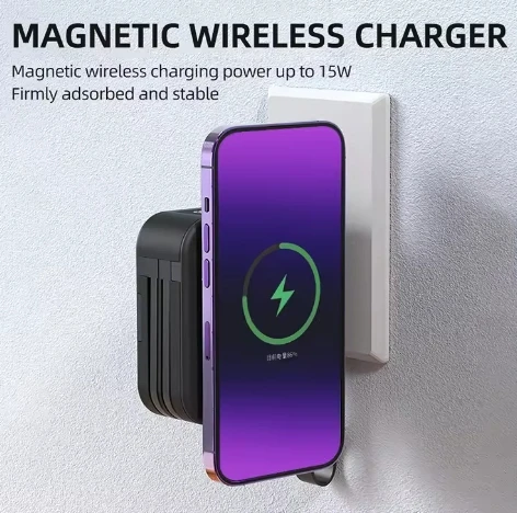 Magnetic Wireless Charging with AC Wall Plug Built in Cable 10000mAh Portable Charger Power Bank