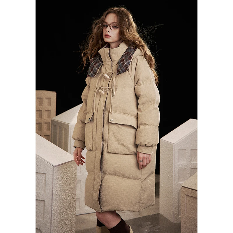 ELFSACK 2025 شتاء الوافدين الجدد عادية مخطط بطانة طويلة البريدي القرن تبديل زر أسفل سترة للمرأة