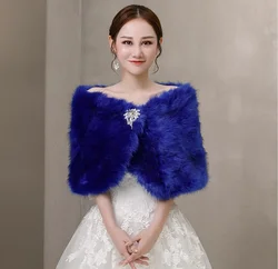Blue Faux Fur Crystal Brooch Wedding Wrap Bridal Cape Bridal Wrap Shrug Stole Cape Women wedding Party Shawl Customized