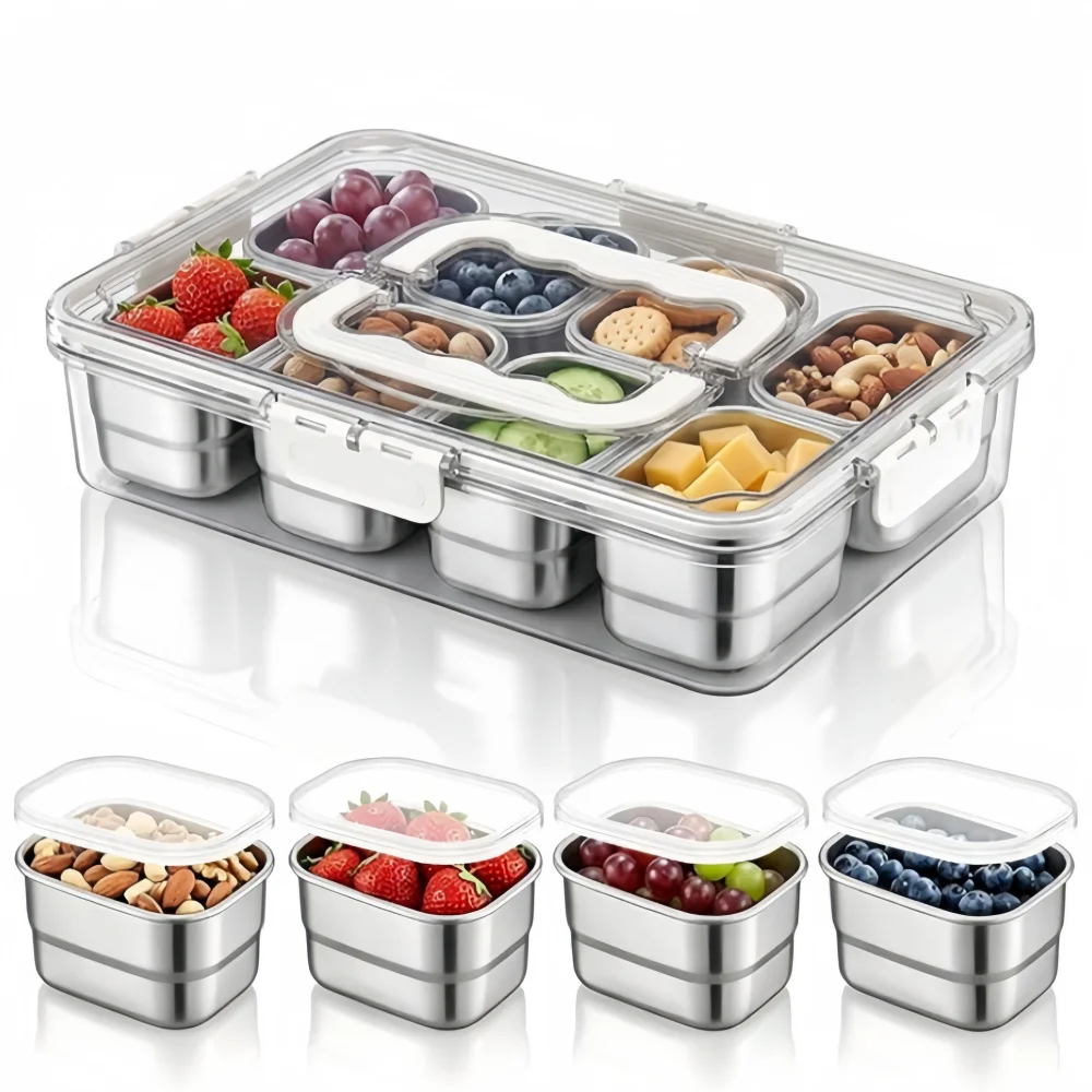 8-Compartments Snackle Box Container Stainless Steel Divided Serving Tray Portable Storage Box Clear Organizer for Beach Picnic
