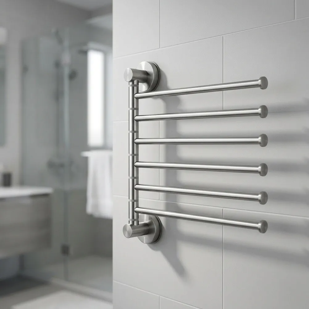 Stainless Steel Swivel Towel Rack with Six Rotating Arms Designed to Maximize Utility in Narrow Bathroom or Kitchen Zones