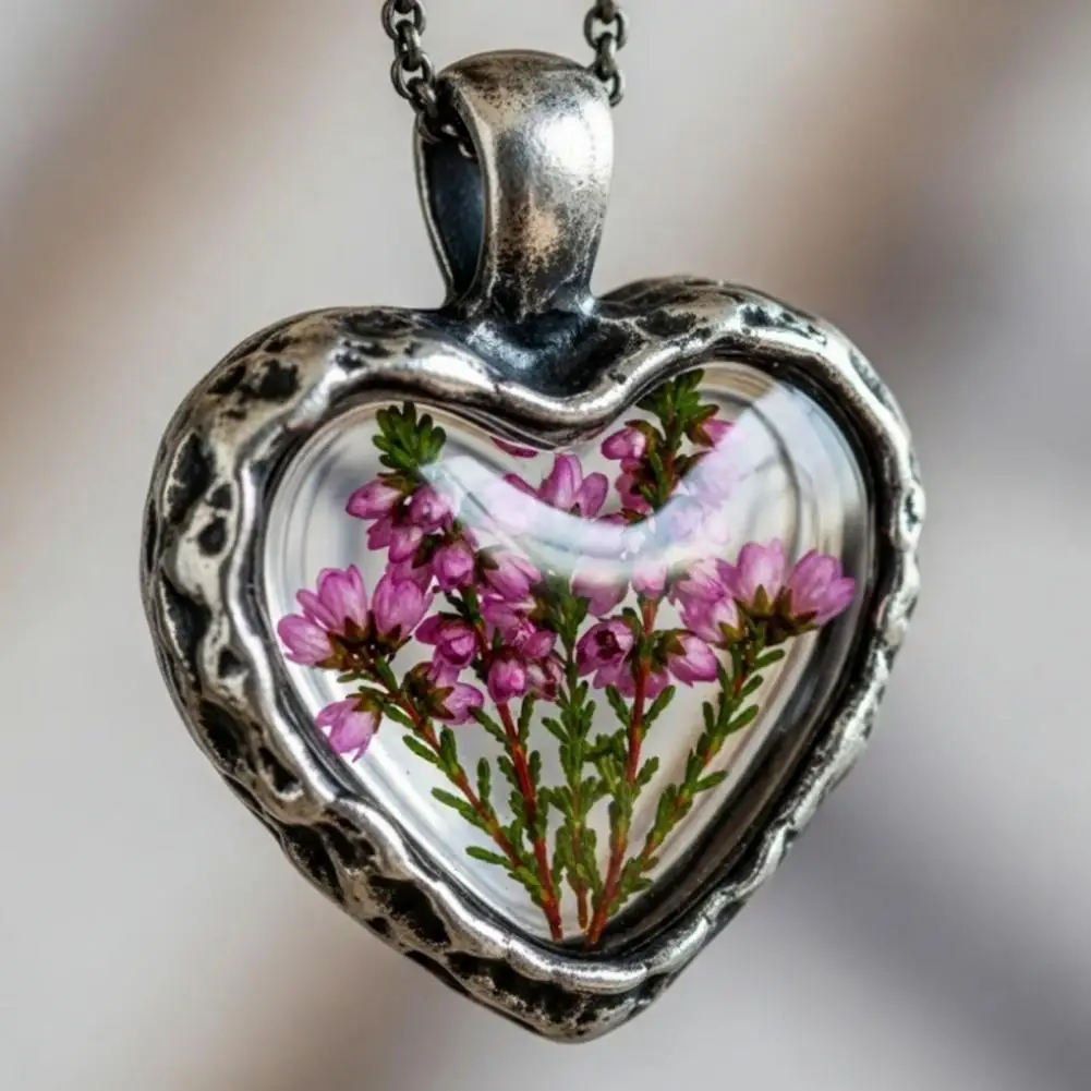 قلادة الأزهار خمر قلادة القلب الأزهار مع الزهور المضغوطة الحقيقية اليدوية هدية الذكرى السنوية للنساء #3