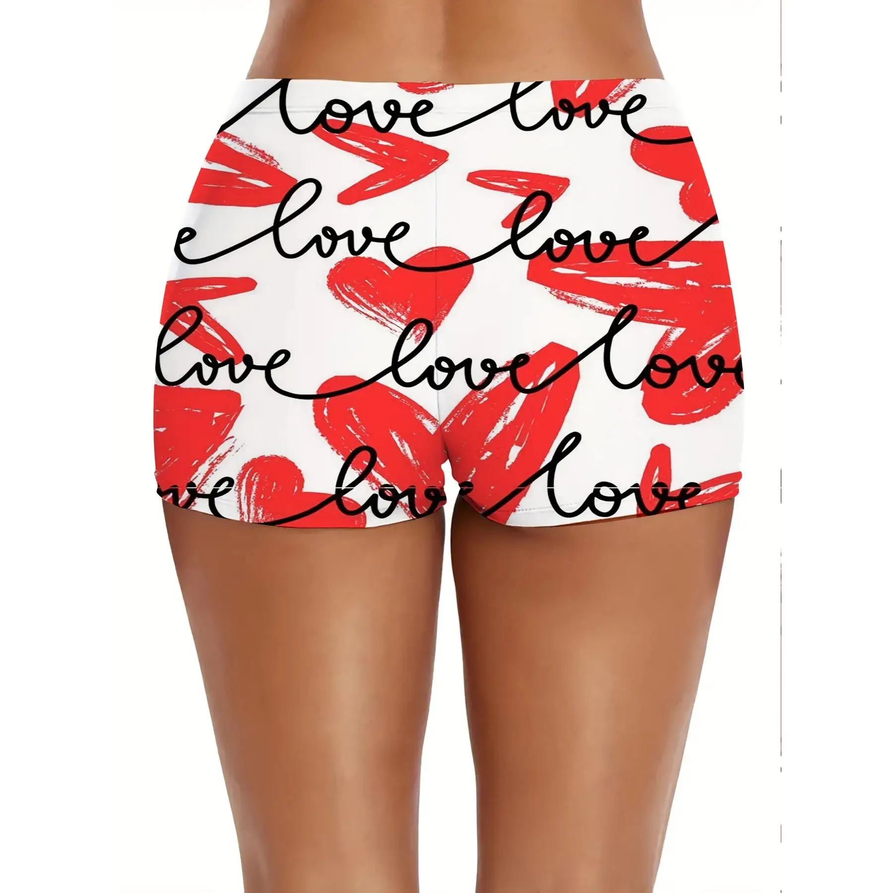 

Женские шорты с высокой талией | Полный принт: белые, красные сердца и любовный сценарий для вечеринки в честь Дня святого Валентина, повседневная летняя одежда