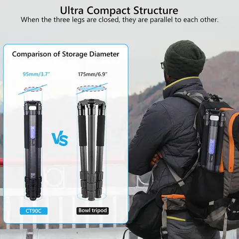 Treppiede da viaggio professionale compatto in fibra di carbonio con borsa in pietra ARTCISE CT90C resistente per videocamera DSLR, carico massimo 40 kg