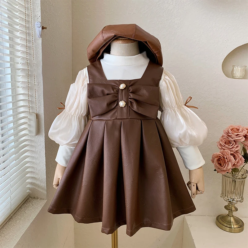 

Children's Dress Lantern Sleeves Thin Leather Skirt Two-piece Set Korean Version Princess Dress For Girls Birthday Dress Luxury