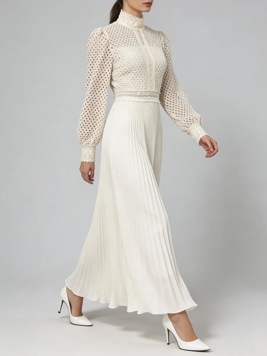 TWOTWINSTYLE Solid Hollow Out Spliced Embroidery Elegant Dresses for Women High Neck Long Sleeves Tunic Casual Dress Female New