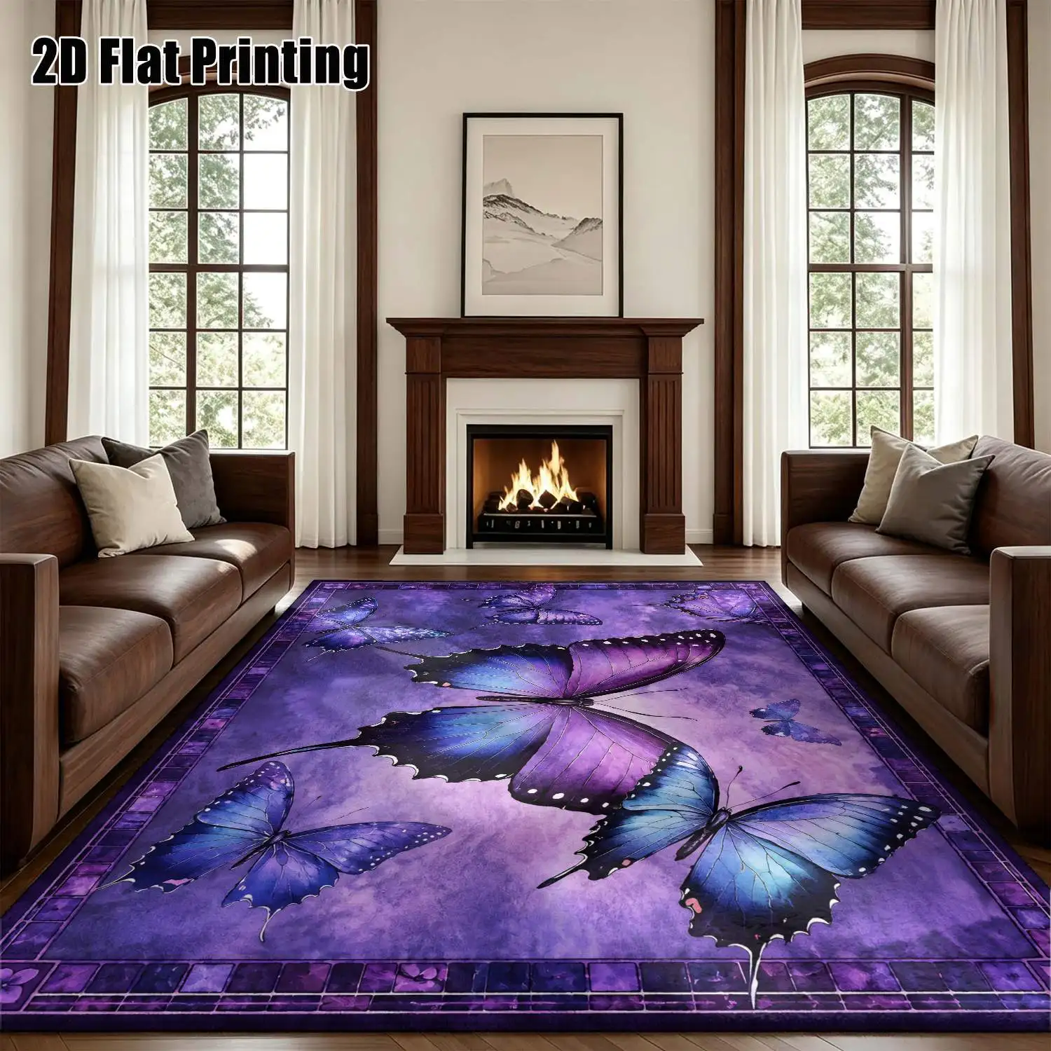 1Pc 2D Printed Purple Butterfly Pattern Carpet: European, Bohemian, Geometric Style, Machine Washable, Multi-Size Home Decor Mat for Entrance, Dining, Foyer, Bedroom, Living Room