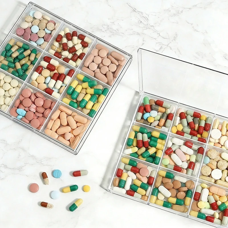 Large Clear Acrylic Medicine Organizer with Lid,Multi Grid Pill Storage Box,Vitamin Tablet Container for Home Desktop Medication