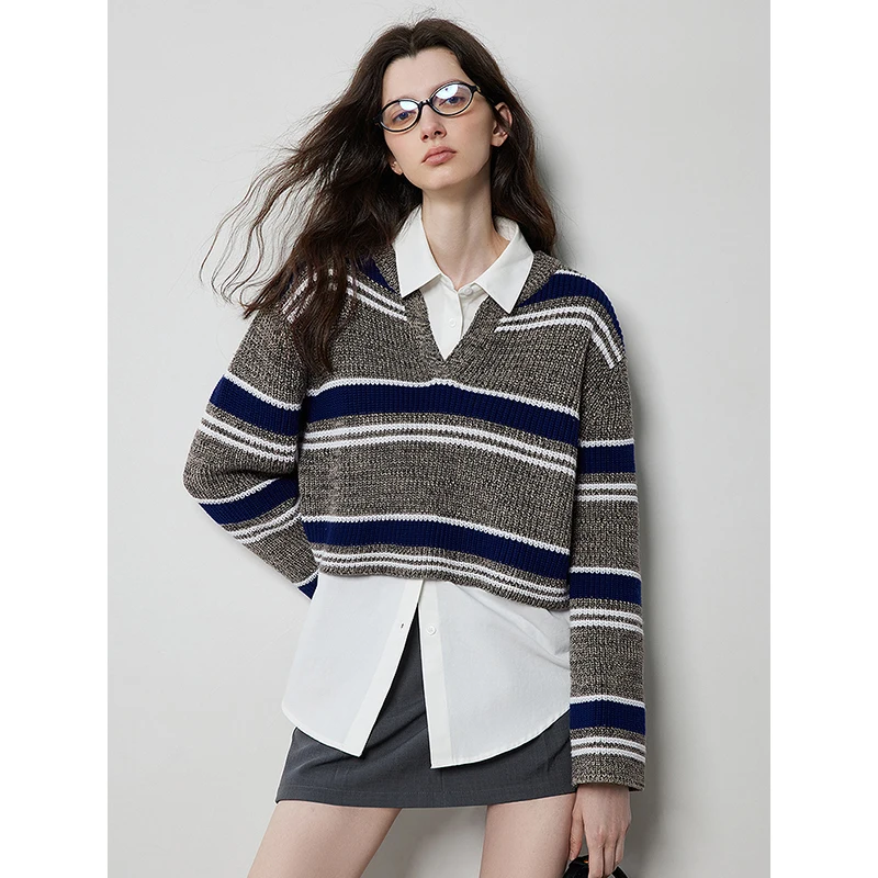 TOYOUTH Women Knitwear Sweater 2024 Autumn New V Neck Striped Long Sleeve Short Crop Pullover Tops