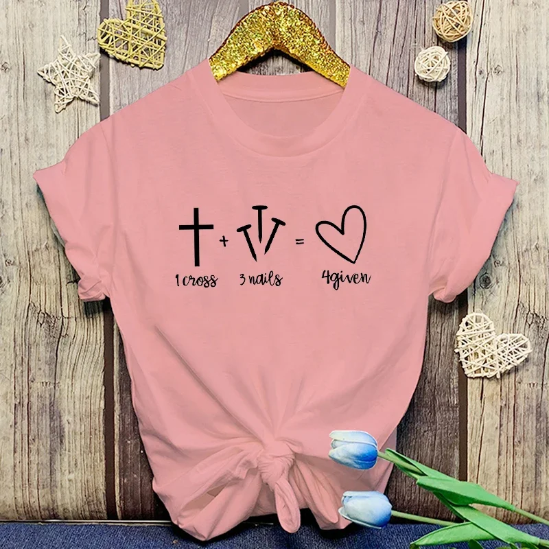 Fashion Christianity Jesus 1 Cross 3 Nails 4 Given Print T-Shirt Girl T Shirt Soft Print Top Unisex Tee Clothing Casual O-Neck