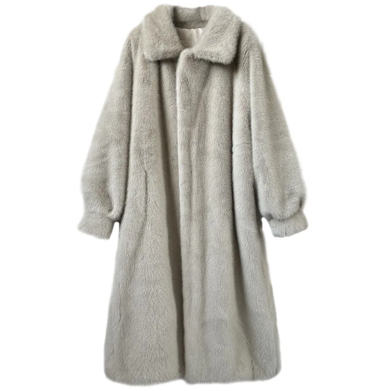 Cross-border Europe and the United States extended fur  winter imitation mink plush coat women's loose thickened lapel clothes