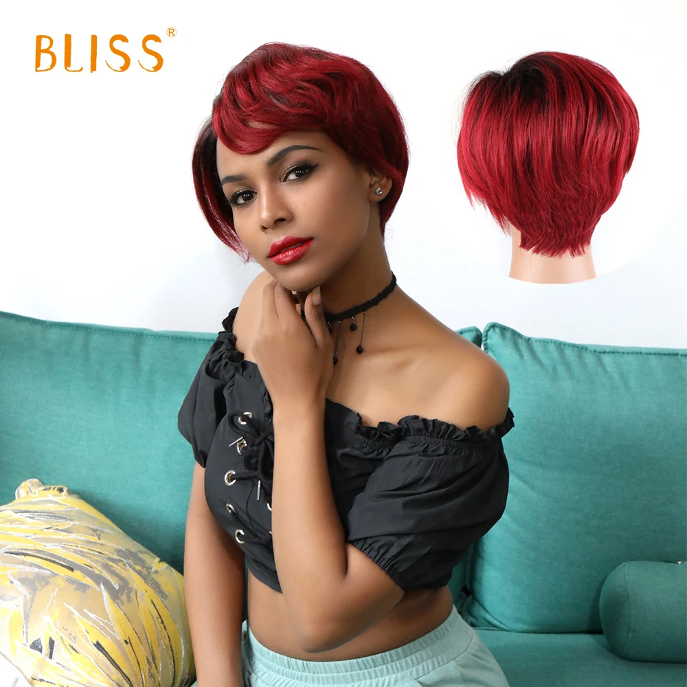 

Bliss Short Afro Curly Wigs with Bangs Pixie Cut Wig Colored Kinky Curly Hair Pre Plucked Lace Front Human Hair Wig for Women