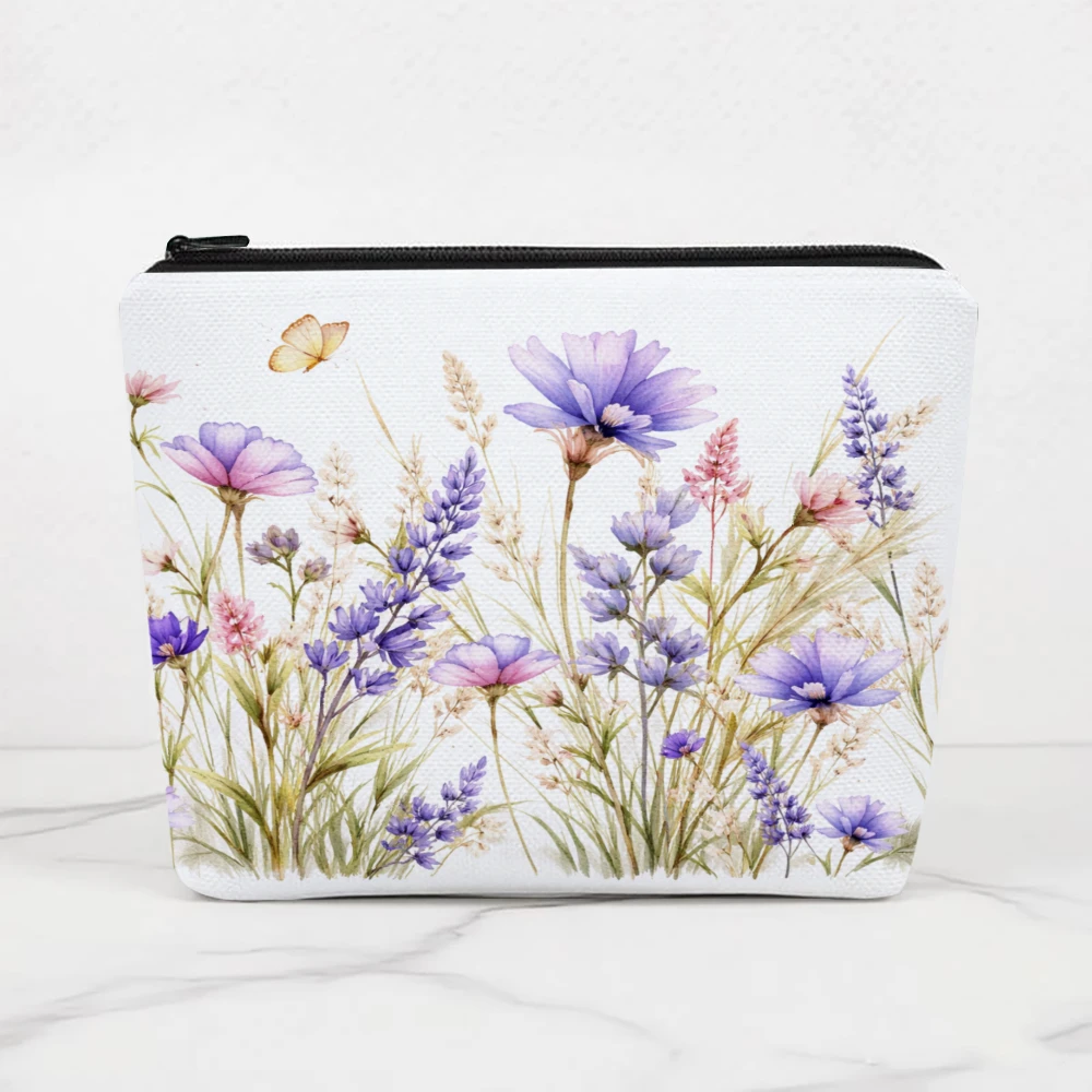 Floral Pattern With Purple And Pink Flowers Makeup Bags for Girls Cosmetic Pouch Toiletry Bag Pencil Case Travel Storage